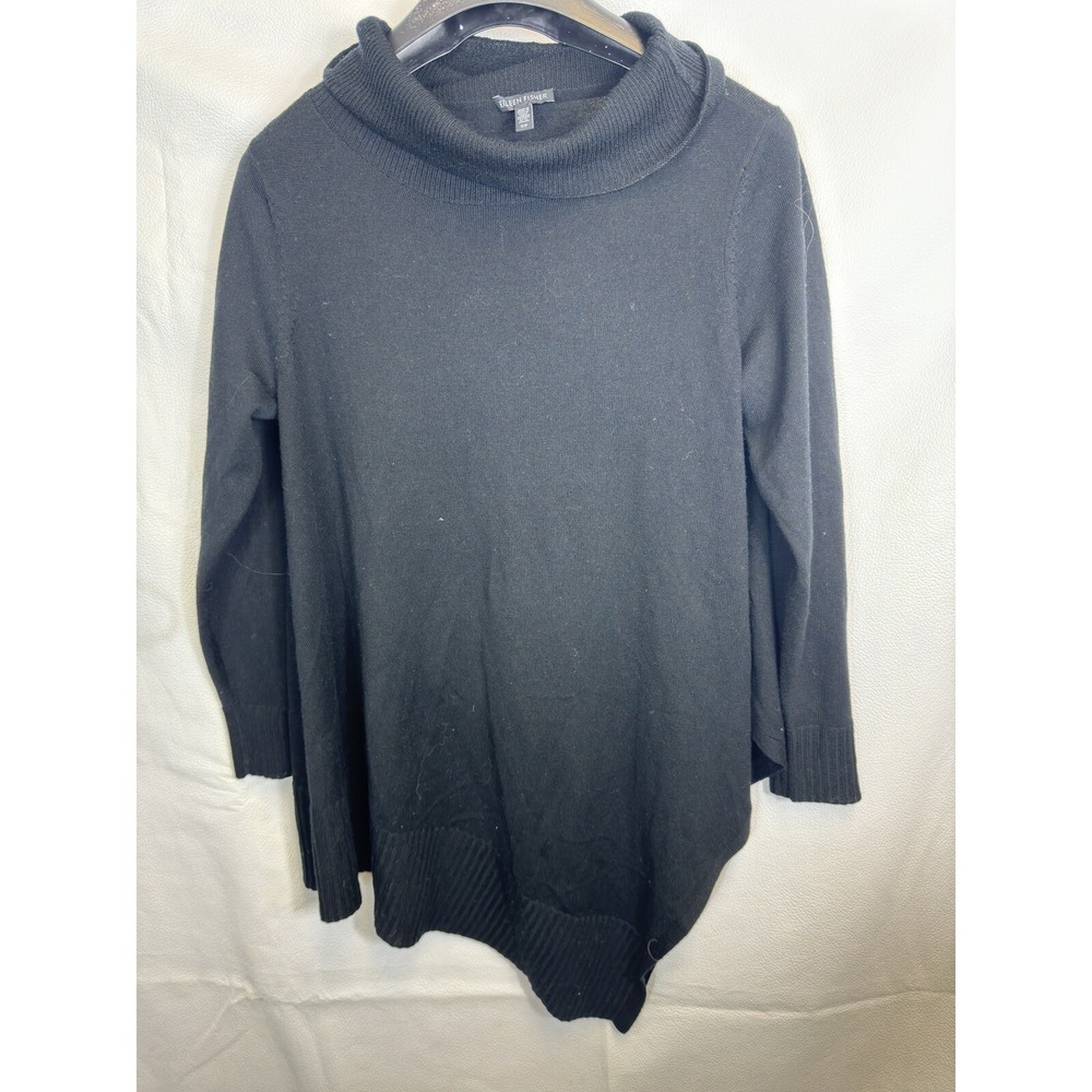Eileen Fisher Merino Wool Asymmetrical Hem Turtleneck Sweater Black Womens SP